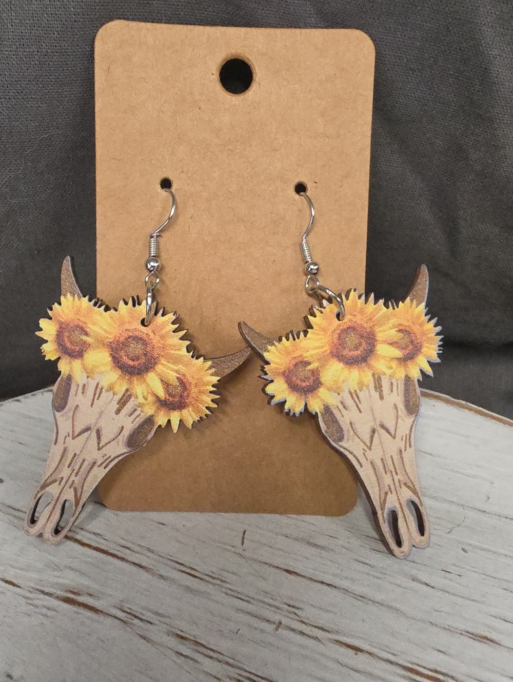 Wooden Sunflower Cow Skull Dangle Earrings